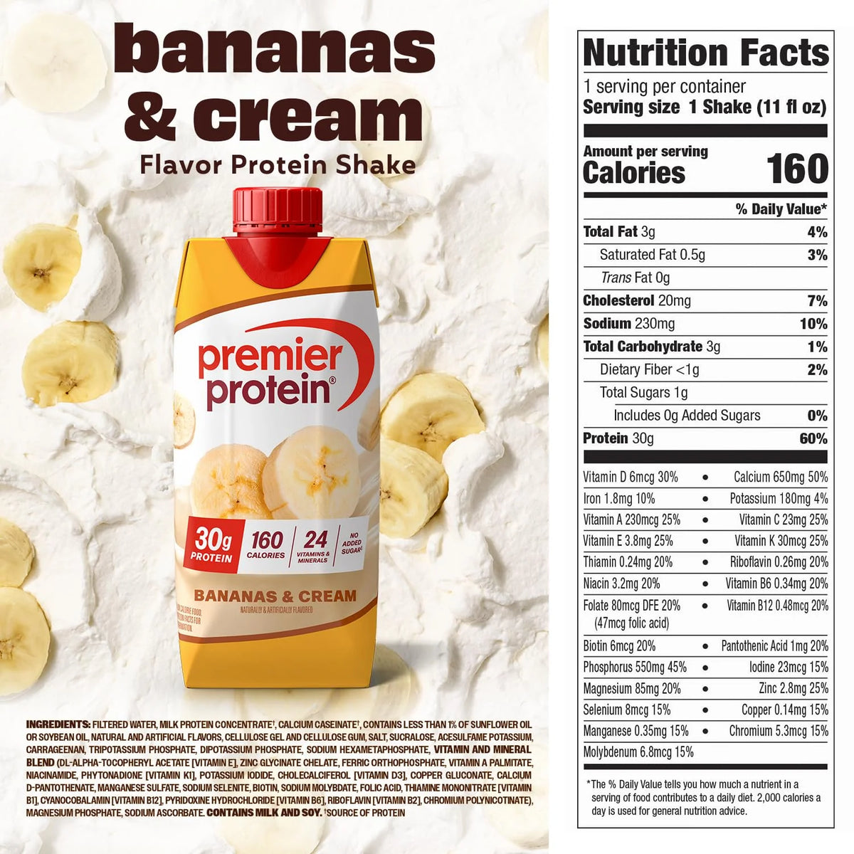Premier Protein 30g High Protein Shake, Bananas & Cream, 4 Pack