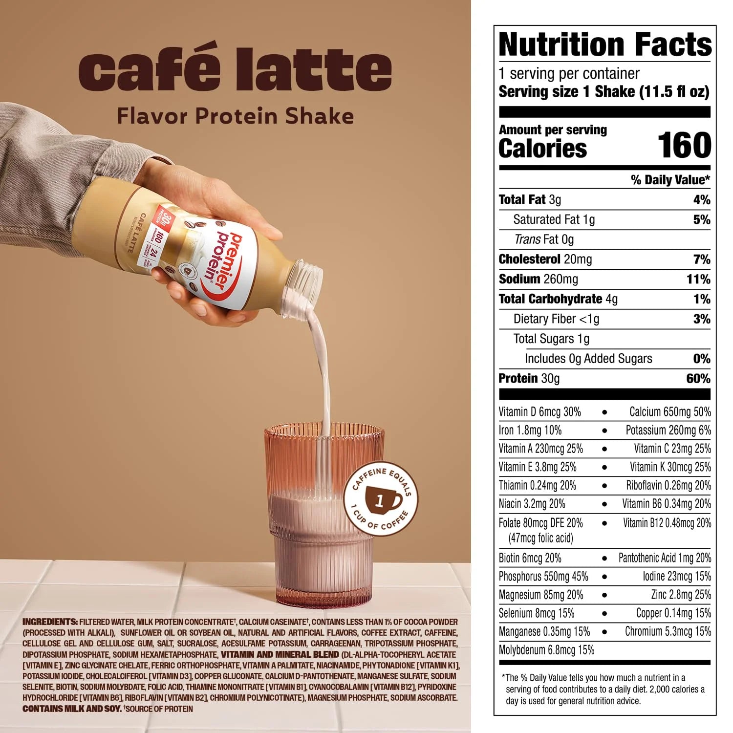 Premier Protein +Energy 30g High Protein Shake, Café Latte, 12 Pack