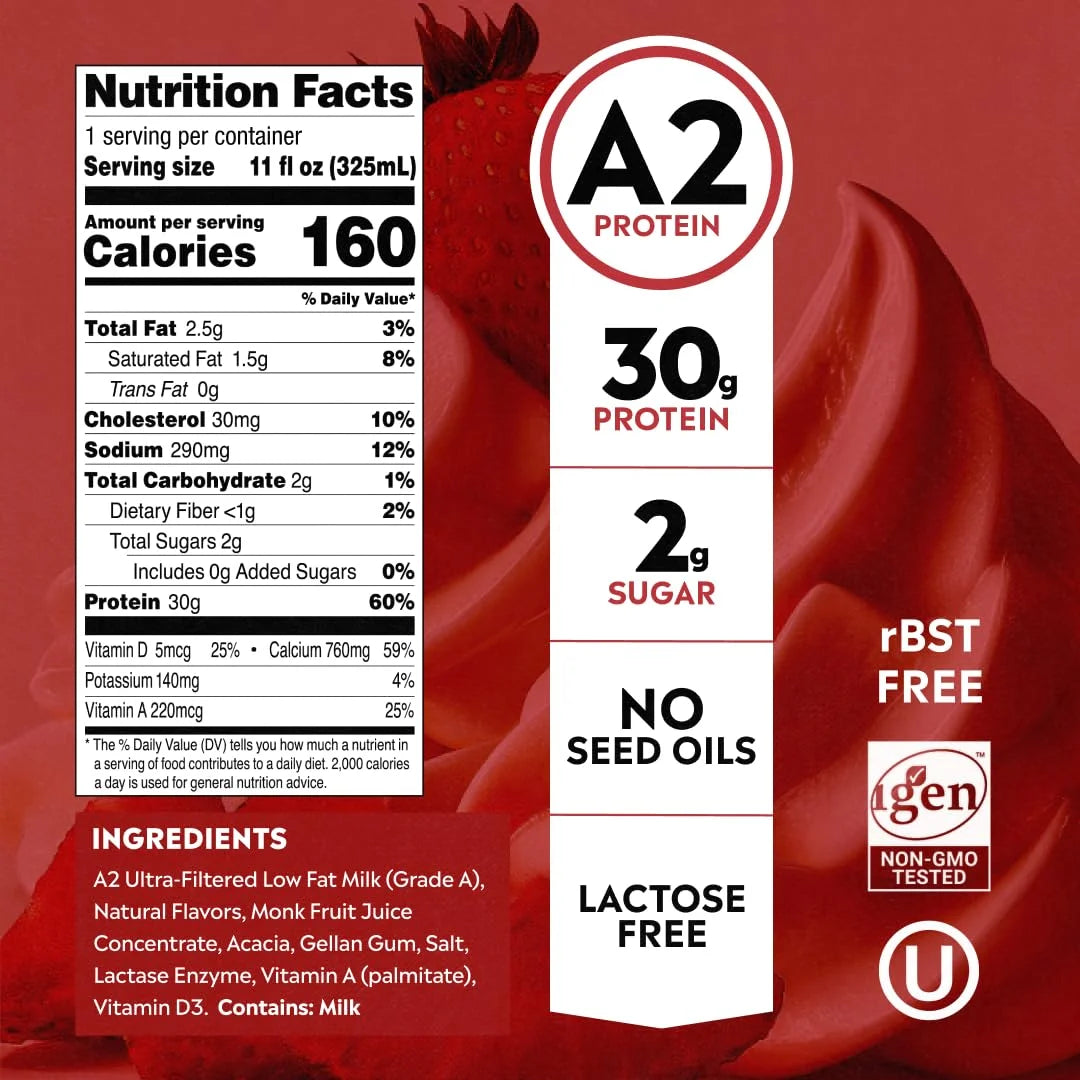 Pioneer Pastures Protein A2 Milkshakes, Strawberries & Cream, 11oz, 12 Pack