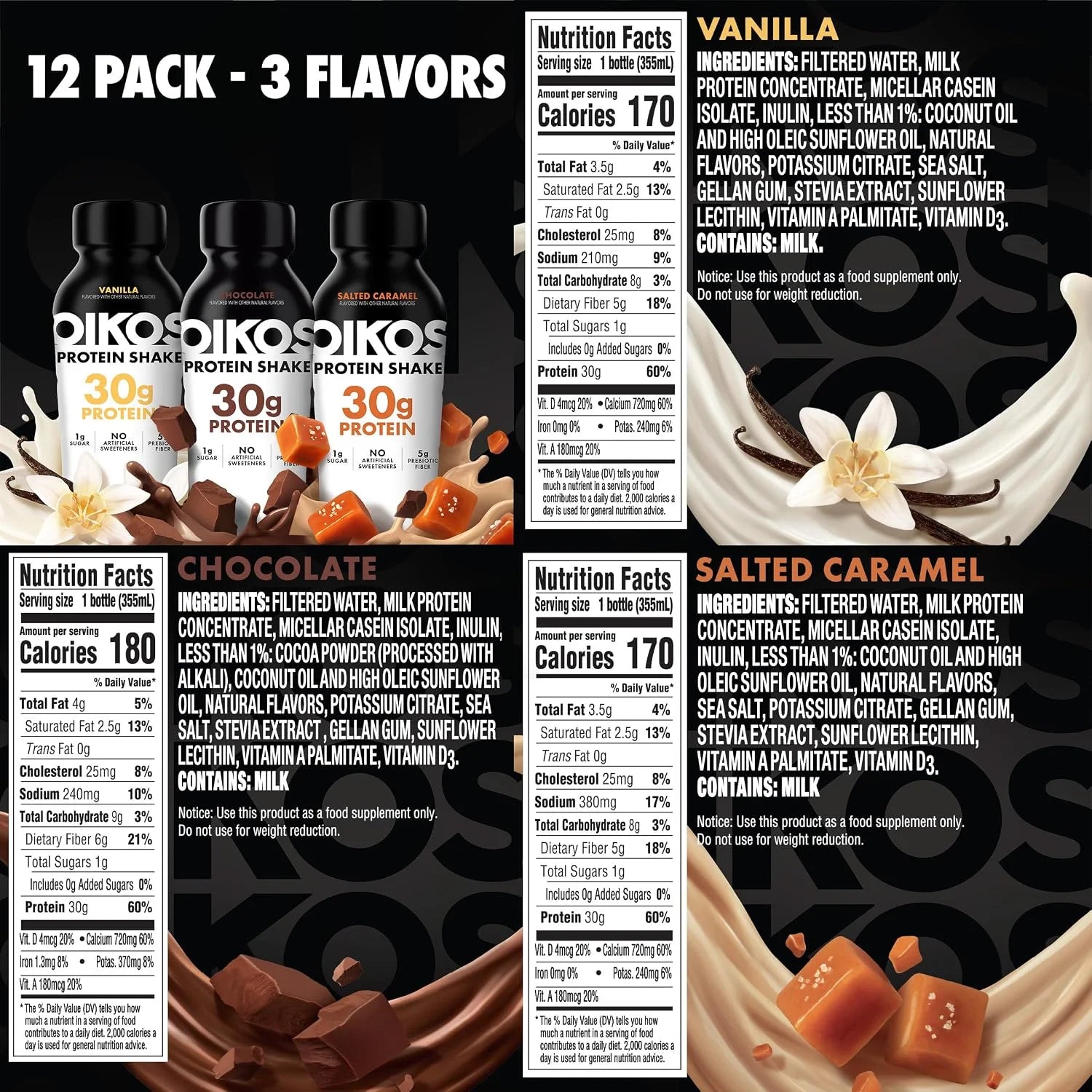 Oikos Protein Shake, Exclusive Variety Pack, 30g High Protein Drinks, Shelf Stable, Ready to Drink, 5g Prebiotic Fiber, 12 fl oz Bottle (4 ct Chocolate, 4 ct Vanilla, 4 ct Salted Caramel)