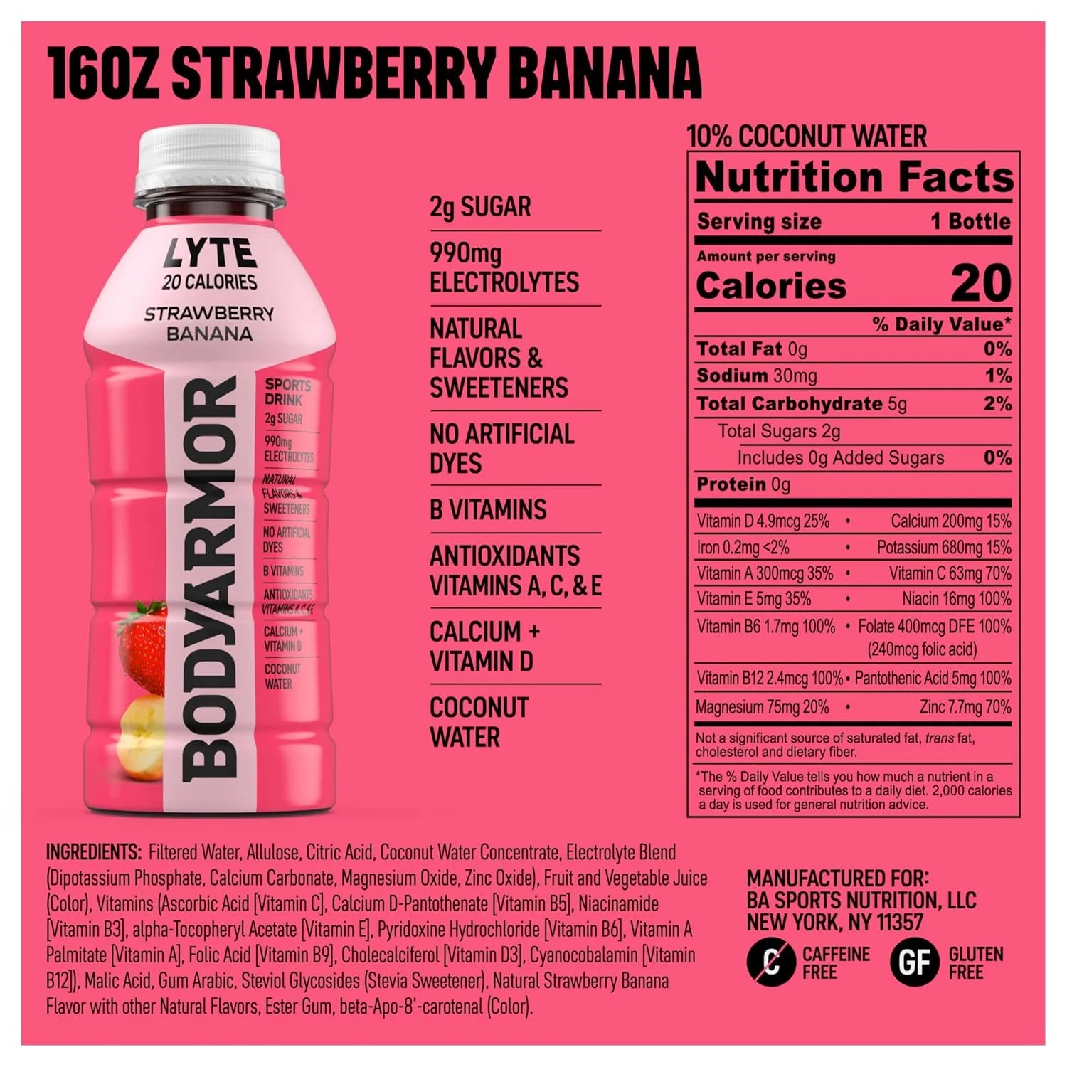 BODYARMOR LYTE Sports Drink, Strawberry Banana, 16 Oz (12 Pk)