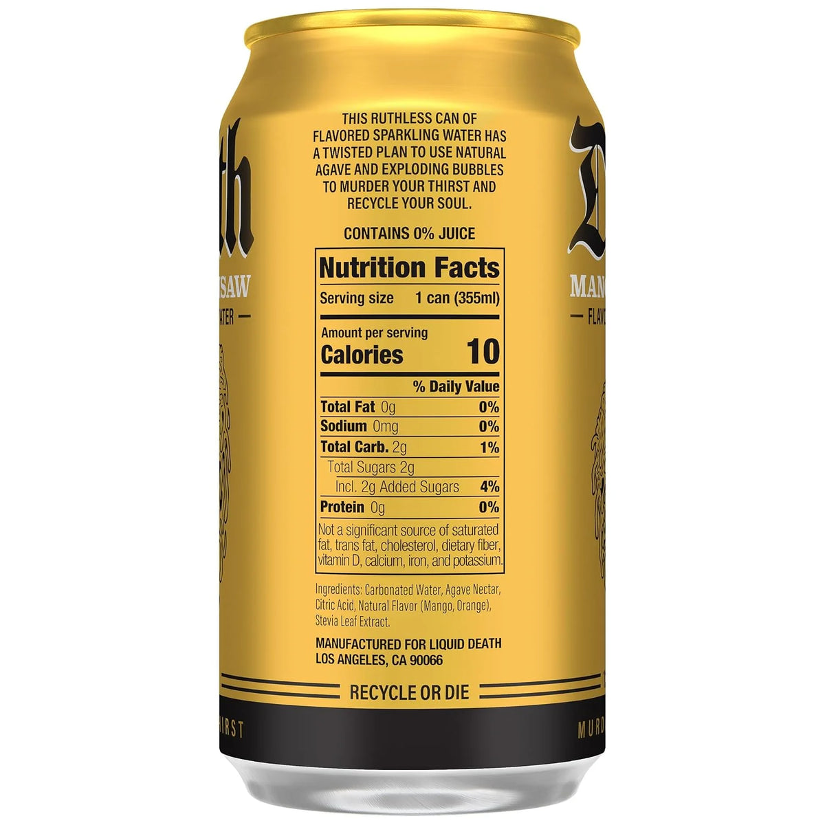 Liquid Death Soda-Flavored Sparkling Water - Mango Chainsaw (Mango Orange), Less Sugar*, Huge Flavor, No Caffeine, No Artificial Sweeteners, 12 Fl Oz (Pack of 12)