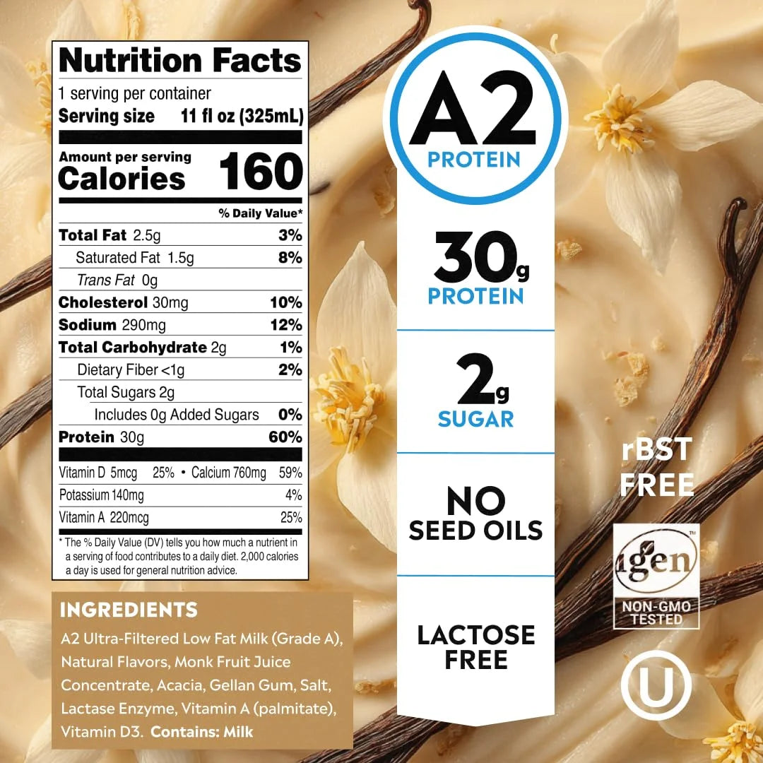 Pioneer Pastures High Protein A2 Milkshakes, Vanilla, 11oz, 12 Pack