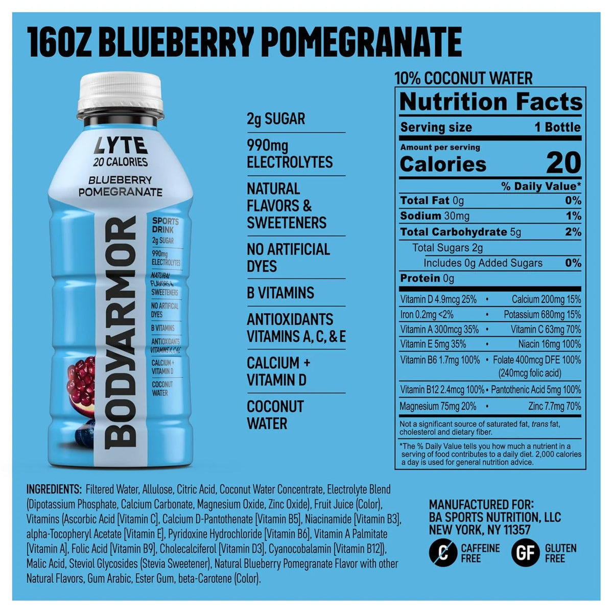 BODYARMOR Lyte Sports Drink Low-Calorie Sport Beverage,Blueberry Pomegranate,CoconutWater Hydration,NaturalFlavors with Vitamins,Potassium-Packed Electrolytes,Perfect for Athletes,16 floz (Pack of 24)