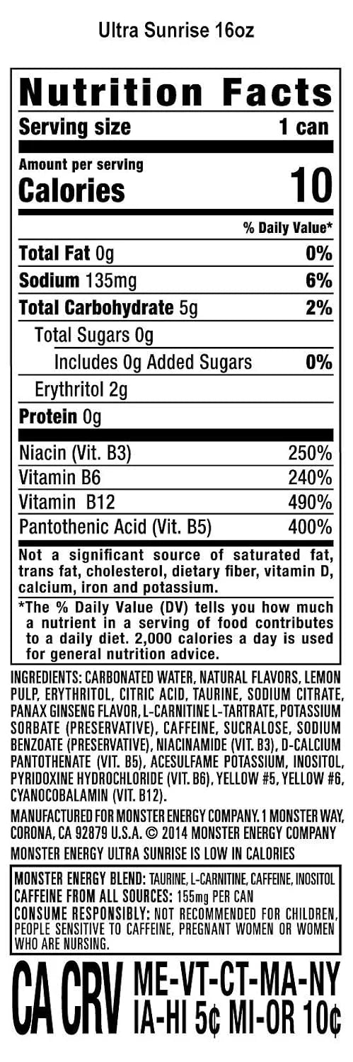Monster Energy Ultra Sunrise, Sugar Free Energy Drink, 16 Fl Oz