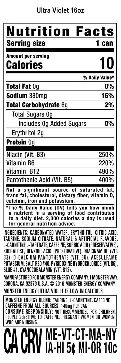 Monster Energy Ultra Violet, Sugar Free Energy Drink, 16 Ounce