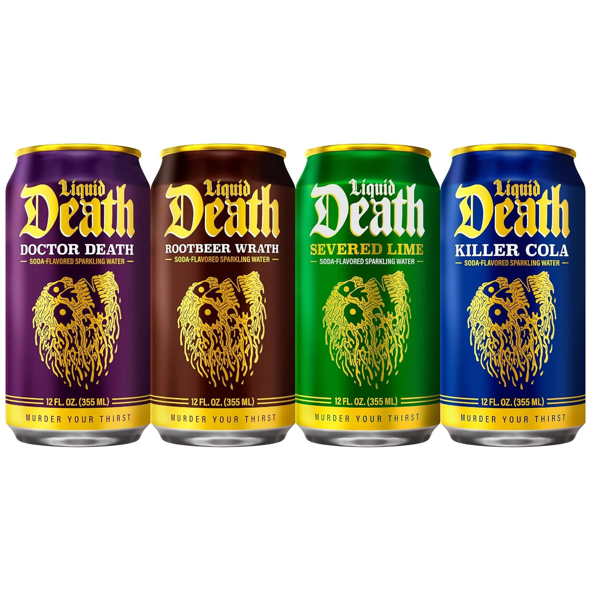 Liquid Death Soda-Flavored Sparkling Water - Classic Variety, Less Sugar*, Huge Flavor, No Caffeine, No Artificial Sweeteners, 4 Flavors: Lime, Doctor Death, Cola, Root Beer, 12 Fl Oz (Pack of 12)