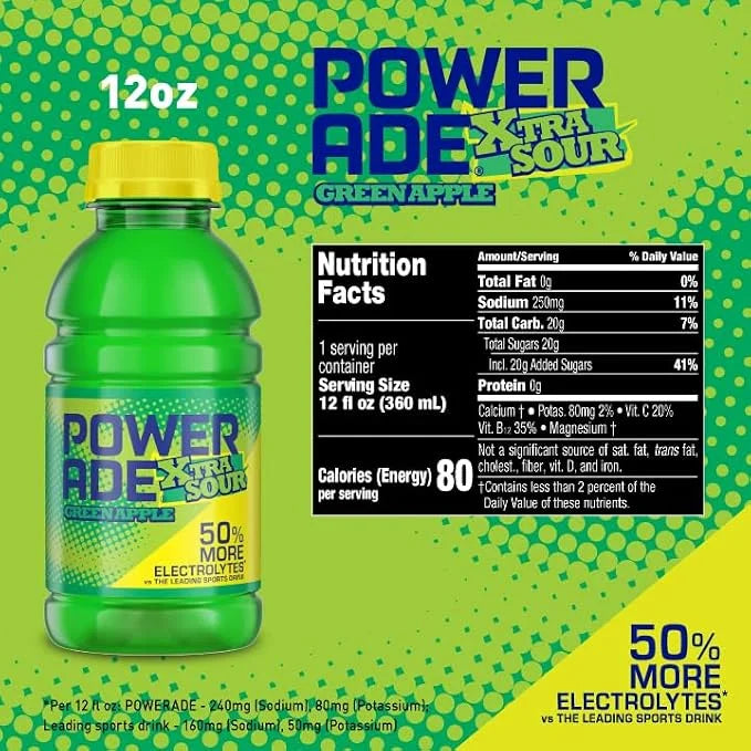 POWERADE XTRA SOUR Sports Drink, Green Apple Electrolyte Drink 12 Oz (8 Pk)