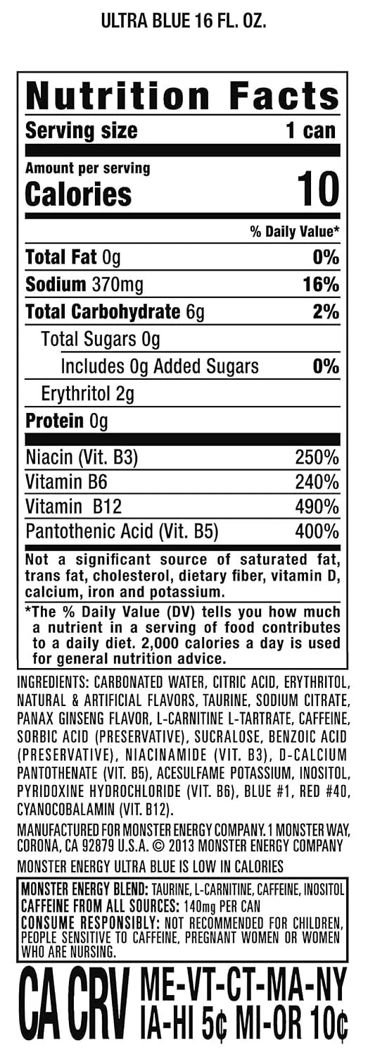 Monster Energy Ultra Blue, Sugar Free Energy Drink, 16 Ounce