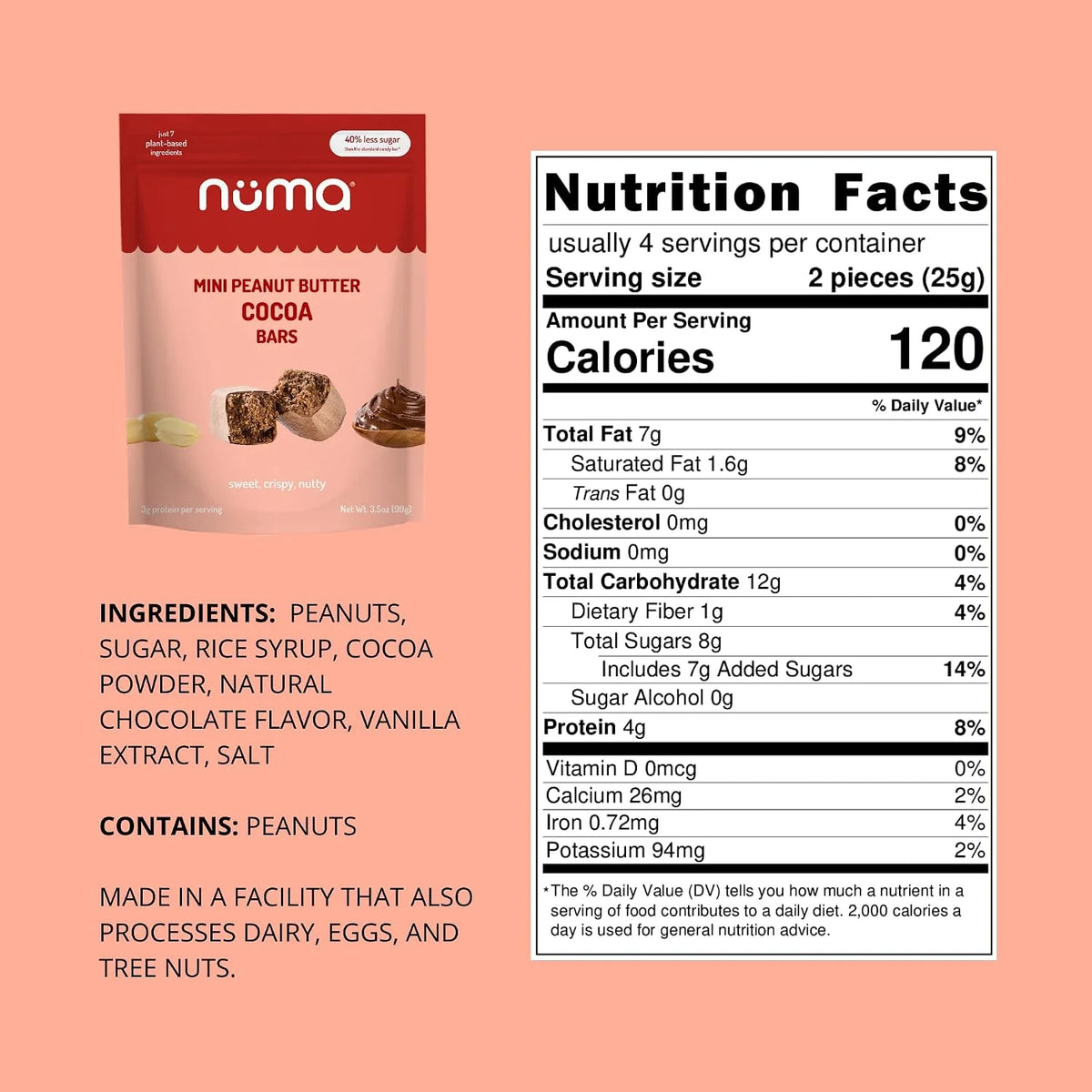Numa Mini Peanut Butter Cocoa Bars - Vegan, Low Sugar, High Protein, Natural, Gluten Free - Crunchy Plant Based PB Snacks - 3 Bags with 8 Individually Wrapped Chocolate Protein Bars