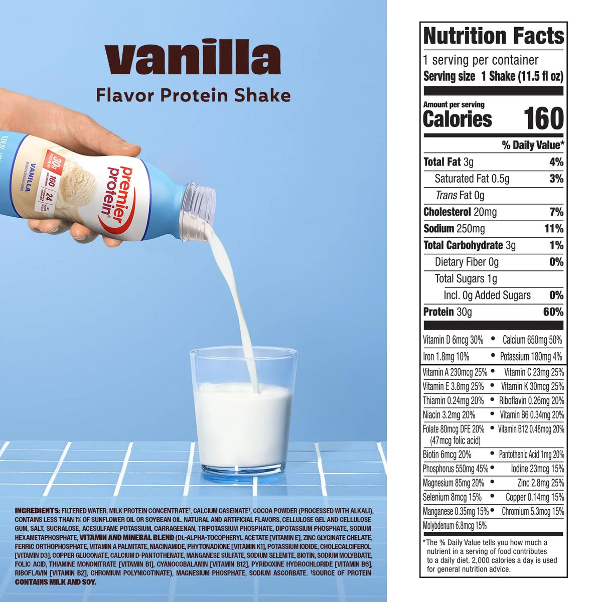 Premier Protein 30g High Protein Shake, Vanilla, 12 Pack Bottles, Vegetarian
