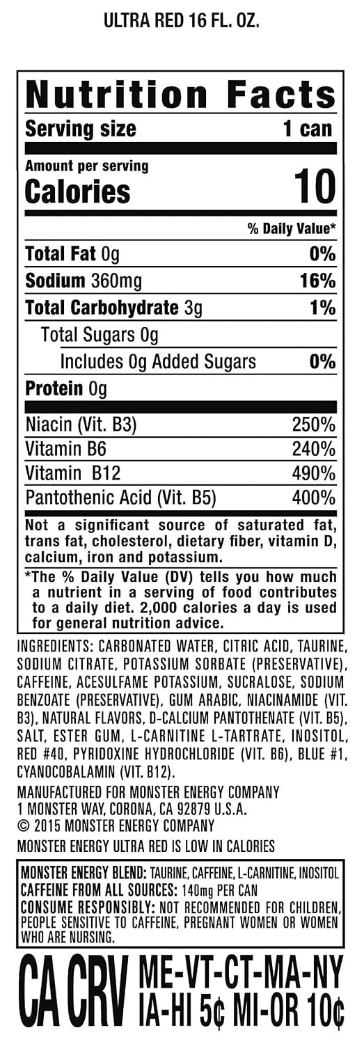 Monster Energy Ultra Red, Sugar Free Energy Drink, 16 Ounce (Pack of 15)