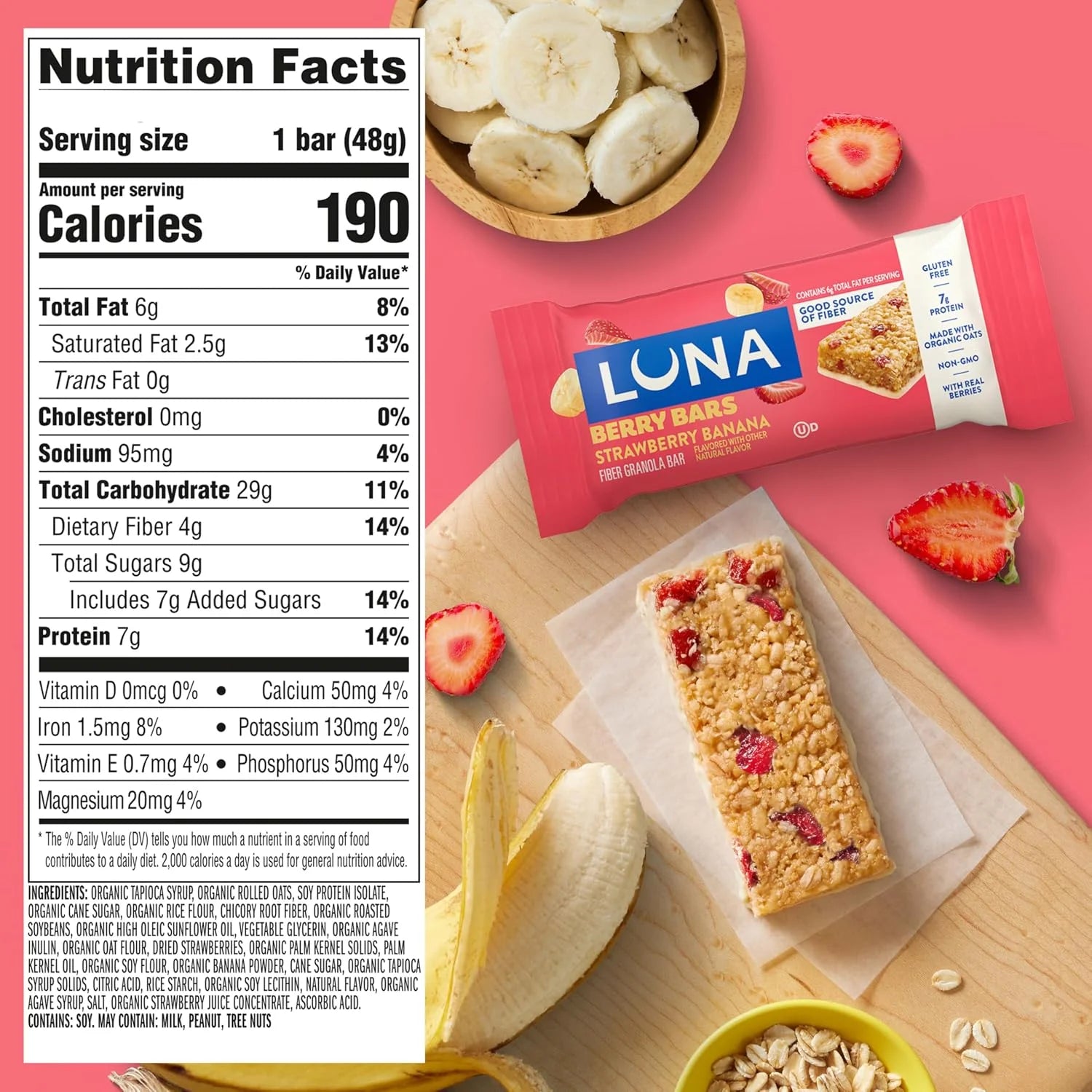 LUNA Berry Bars - Strawberry Banana Flavor - Fiber Granola_Bars - Non-GMO - Gluten Free Protein Bars - Made with Organic Oats, 6 Count, 10.141 OZ (Pack of 6)