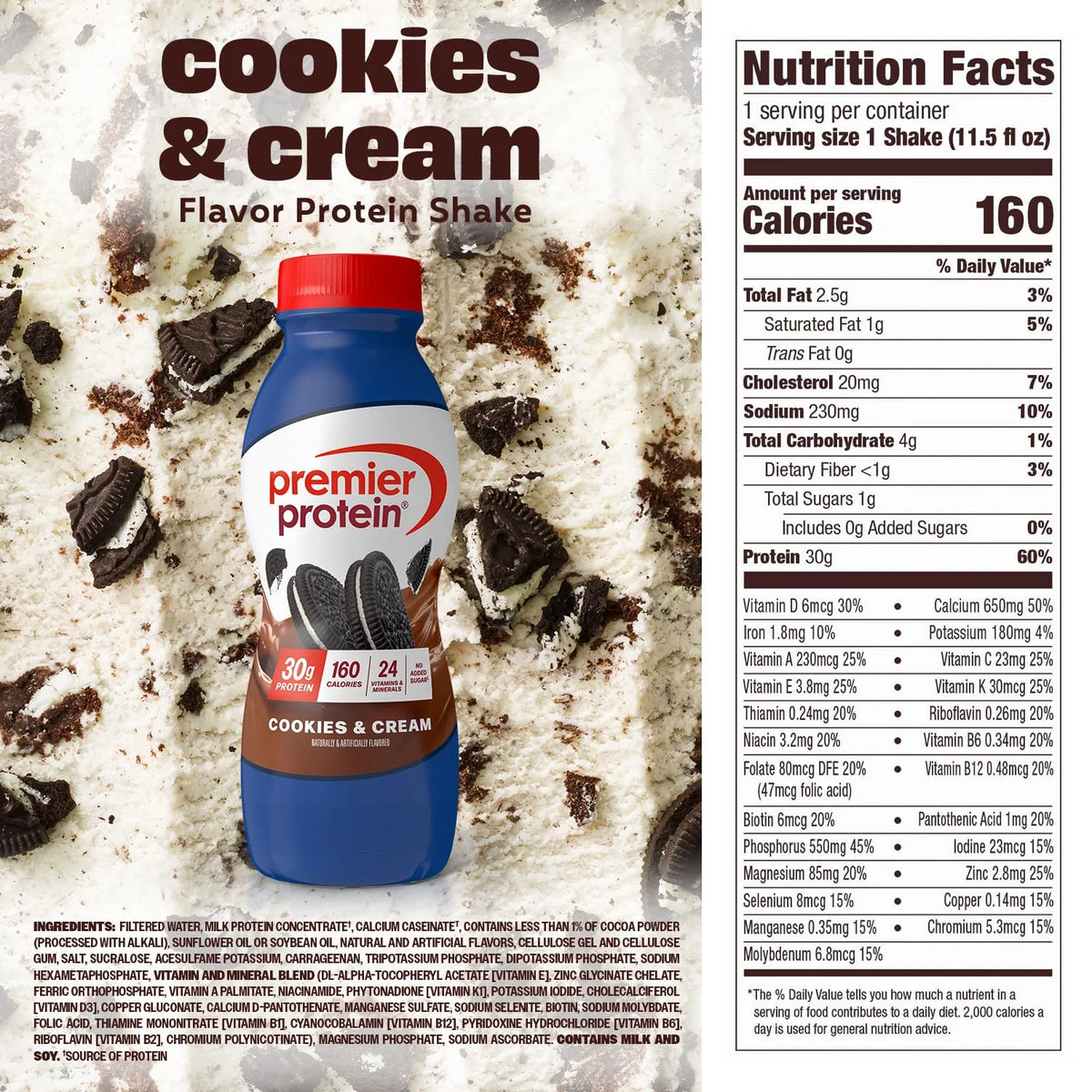 Premier Protein 30g High Protein Shake, Cookies & Cream, 12 Pack