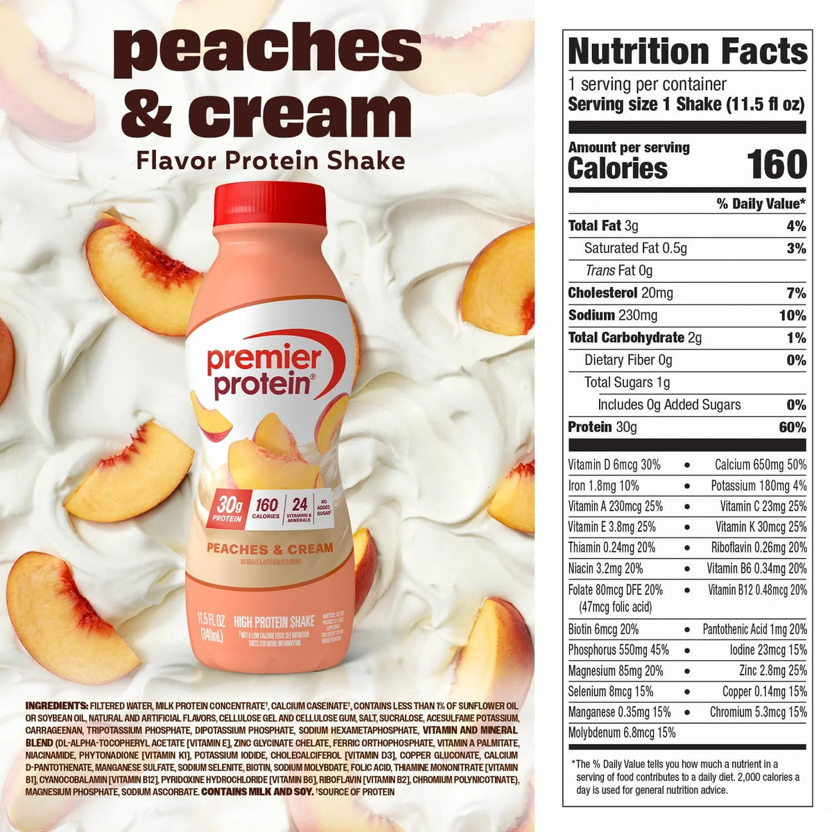 Premier Protein 30g High Protein Shake, Peaches & Cream, 12 Pack