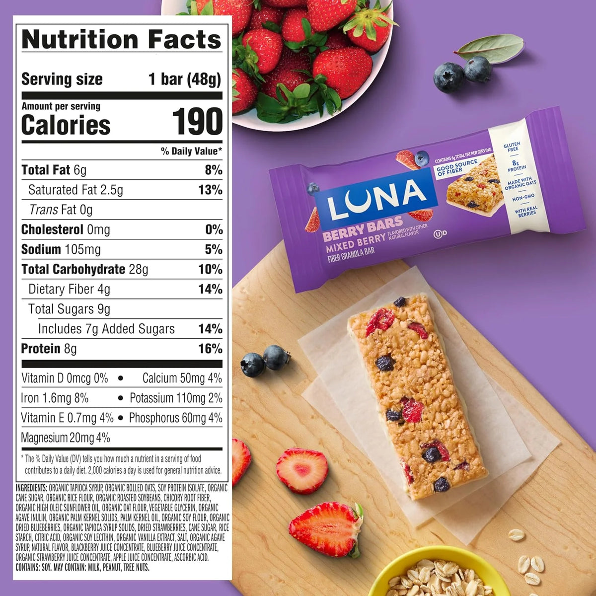 LUNA Berry Bars Mixed Berry, Fiber Granola Bars, Gluten Free, 6ct