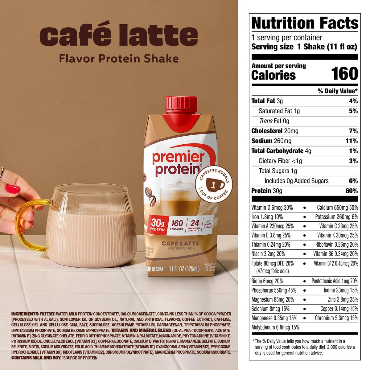 Premier Protein +Energy 30g High Protein Shake, Café Latte, 4 Pack