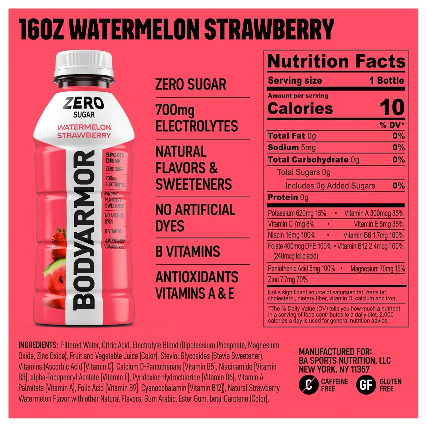 BODYARMOR ZERO Sugar Electrolyte Drink, Watermelon Strawberry 16 Oz (12 Pk)