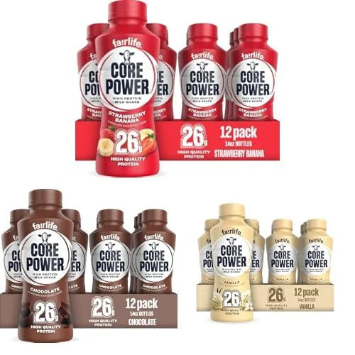 Bundle of Core Power Protein Shake, Strawberry Banana, Chocolate, Vanilla, 26g Bottle, 14oz, 12 Pack