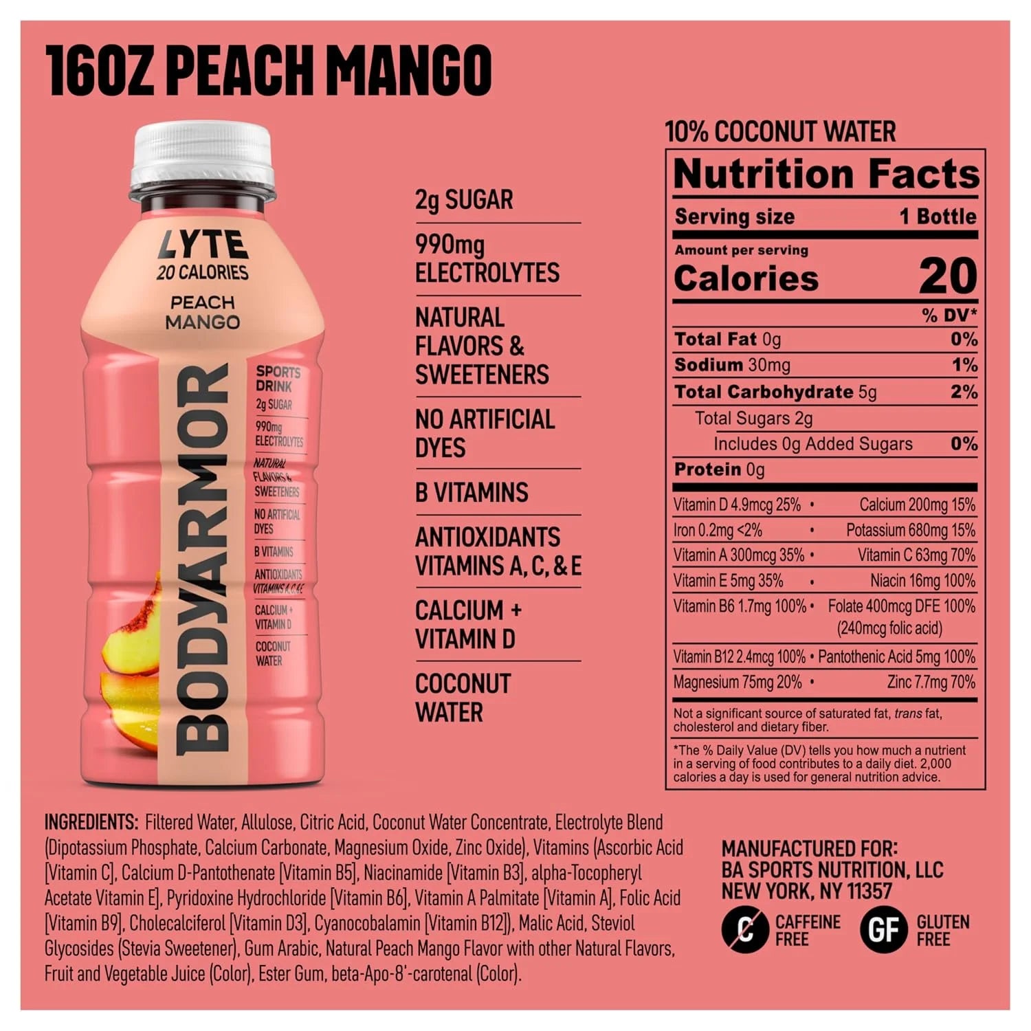 BODYARMOR LYTE Sports Drink, Peach Mango Electrolyte Drink, 16 Oz (12 Pk)