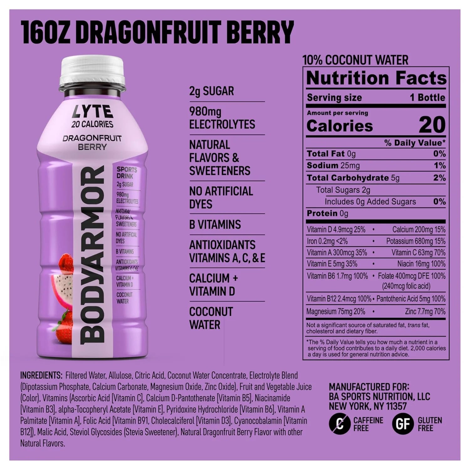 BODYARMOR LYTE Sports Drink, Dragonfruit Electrolyte Drink, 16 Oz (12 Pk)