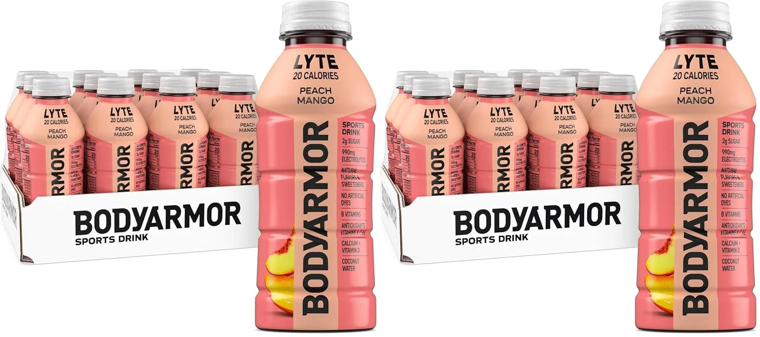 BODYARMOR LYTE,Peach Mango,Electrolyte Drink,20 Calories,16 Fl Oz Bottles,Coconut Water Sports Drink,Natural Flavor & B Vitamins,(Pack of 24)