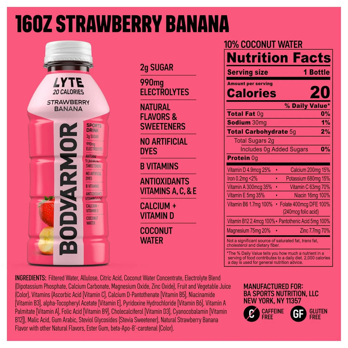 BODYARMOR LYTE Sports Drink, Strawberry Banana, 16 Oz (12 Pk)