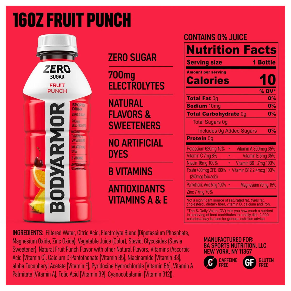 BODYARMOR ZERO Sugar Electrolyte Drink, Fruit Punch, 16 Oz (12 Pk)