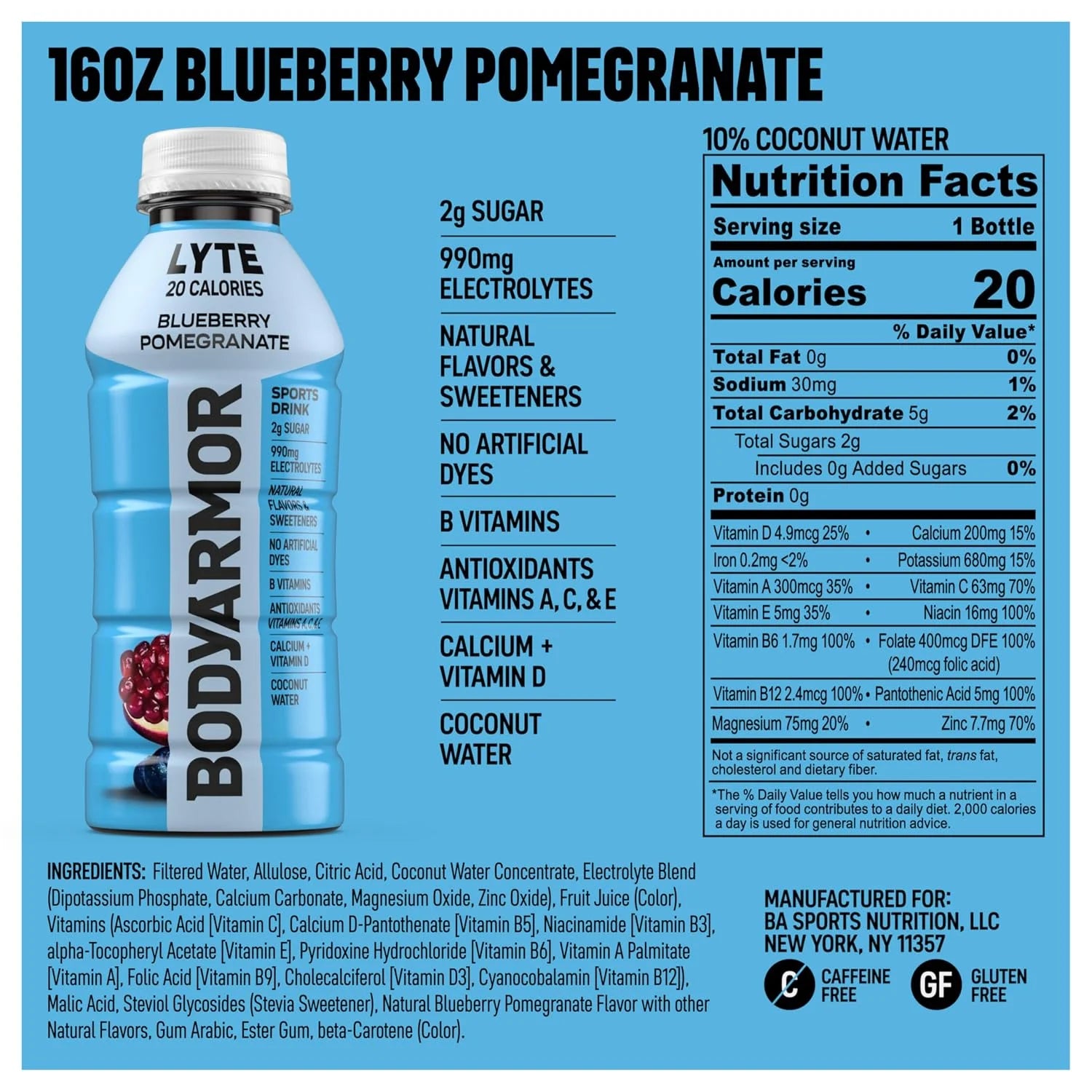 BODYARMOR LYTE Sports Drink, Blueberry Pom Electrolyte Drink, 16 Oz (12 Pk)