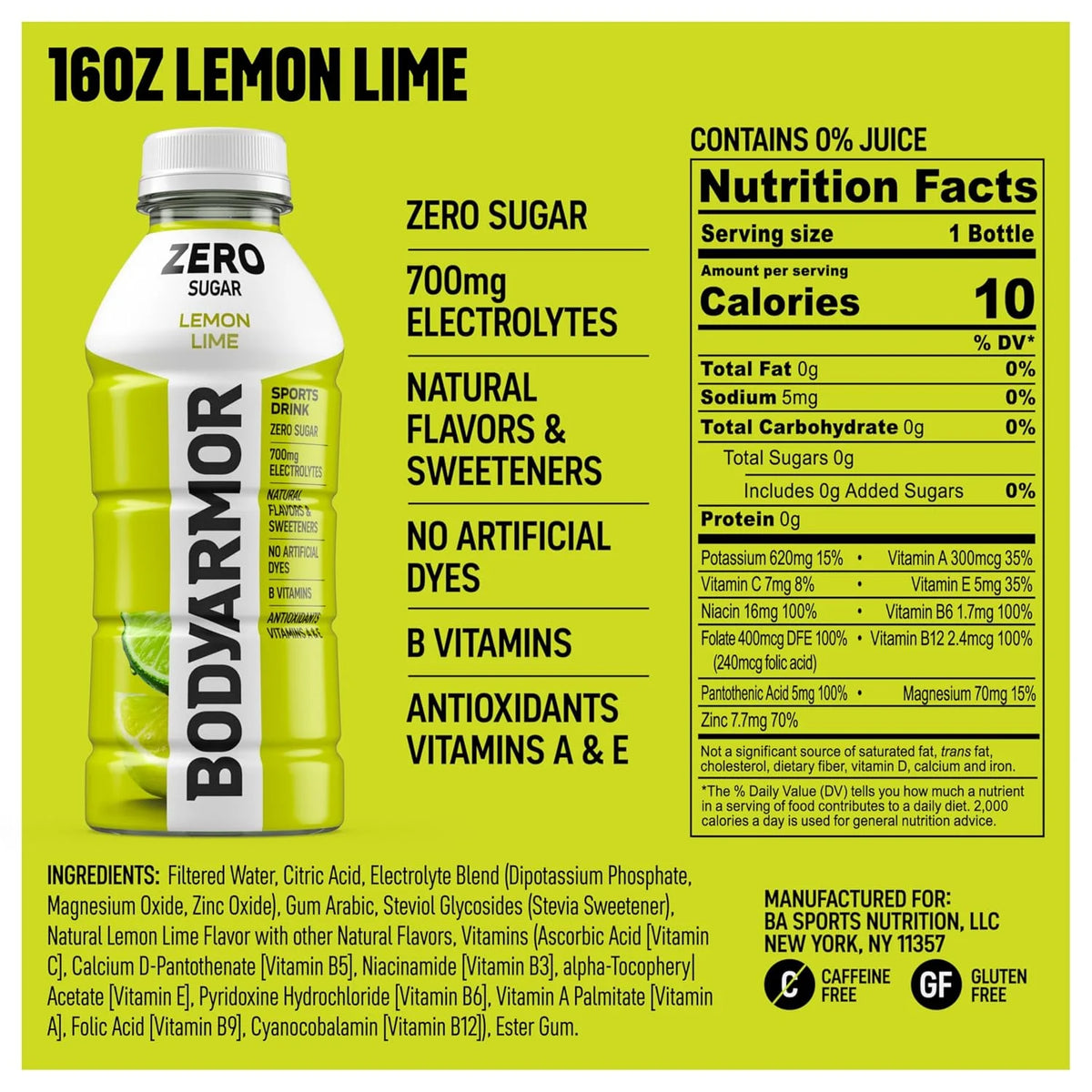 BODYARMOR ZERO Sugar Electrolyte Drink, Lemon Lime, 16 Oz (12 Pk)