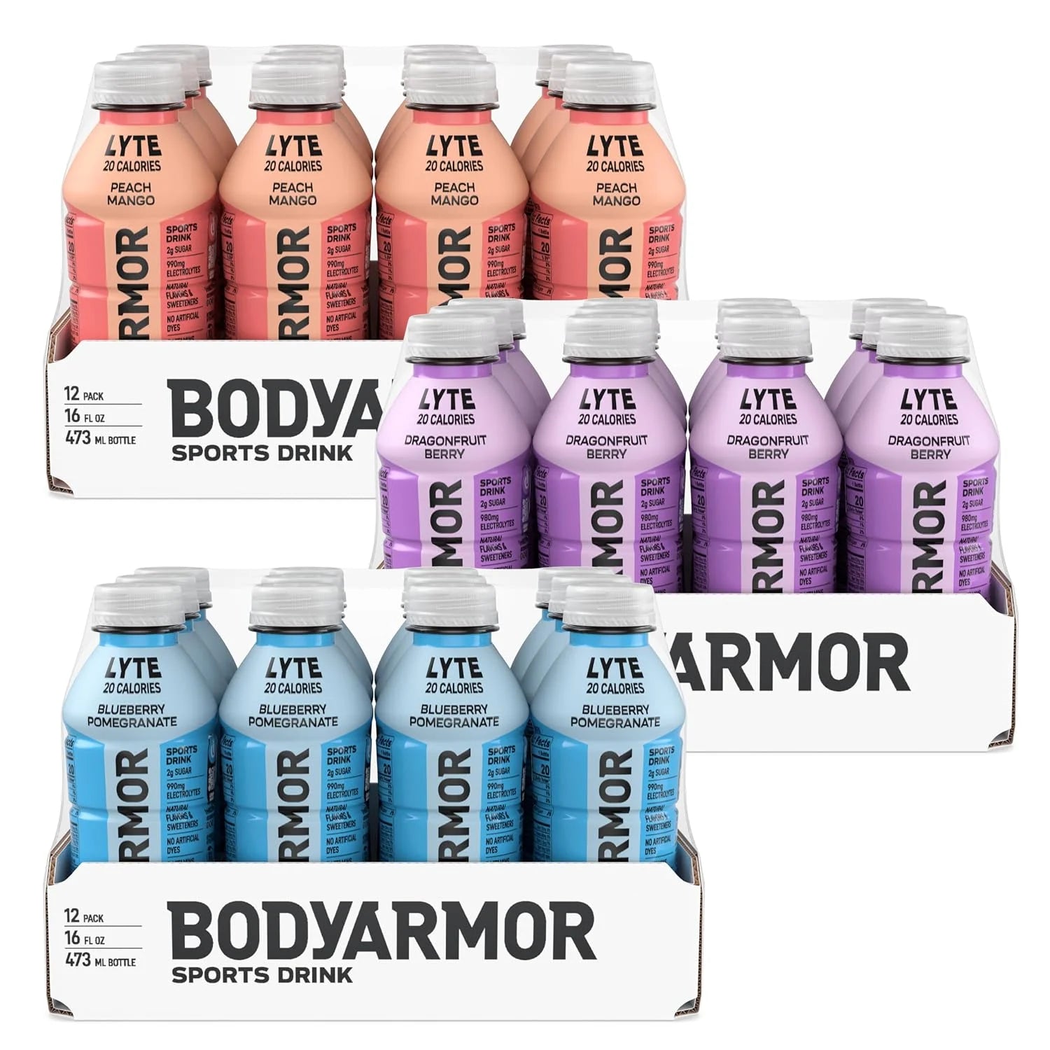 BODYARMOR LYTE Peach Mango/Dragonfrt Bry/Bluebry Pom Variety, 16 Oz (36 Pk)