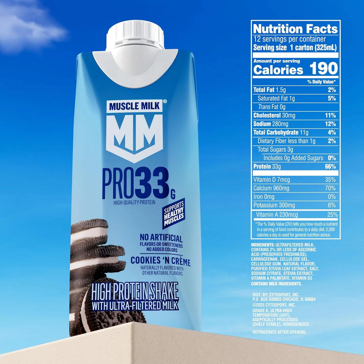 Muscle Milk Pro High Protein Shake, Cookies 'n Creme, 11 fl oz Cartons, (12 Pack) Ultra Filtered Milk, 33g High Quality Protein Shake, 3g Sugar, 200 Calories, No Artificial Flavors or Artificial Sweeteners, No Added Colors